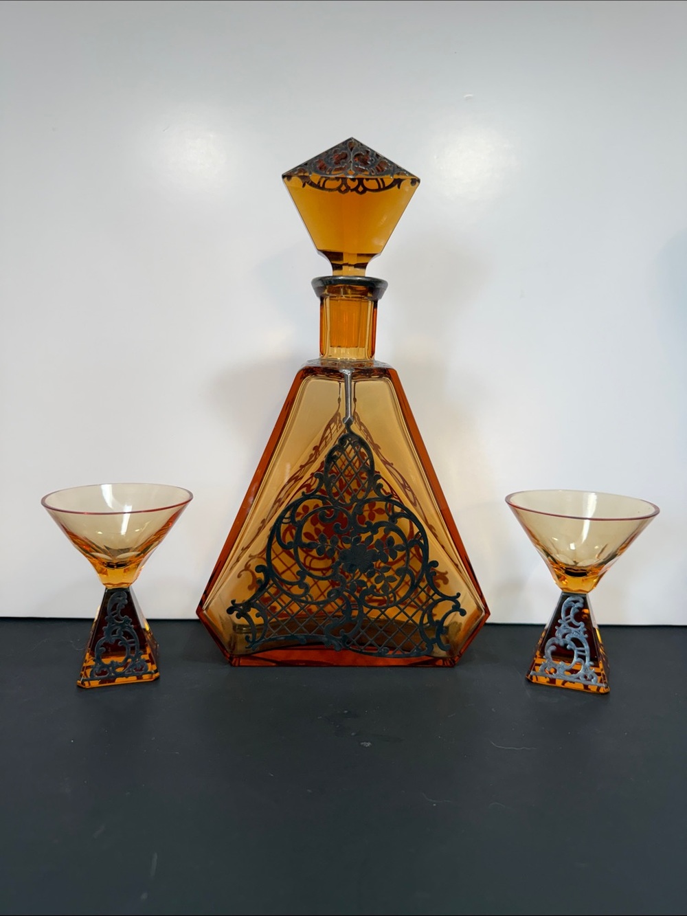 Antique Amber Glass Decanter Set With Silver Overlay